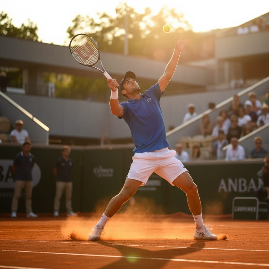 A tennis player mid-shot during a match